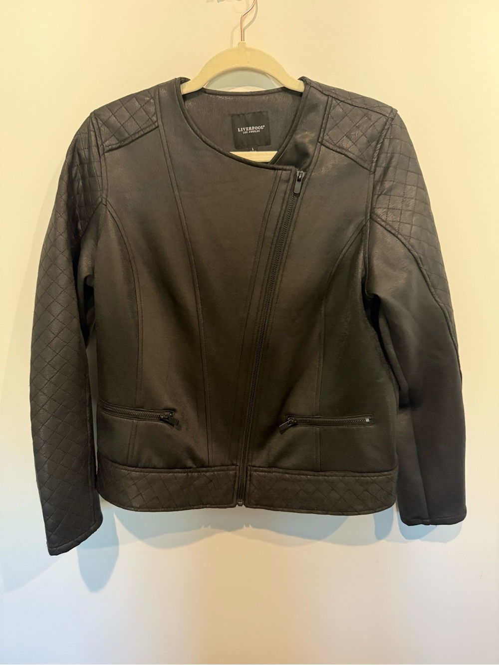 Liverpool Black Quilted Faux Leather Moto Jacket. Size large Women’s.